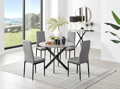 Novara Grey Concrete Effect Black Leg Round Dining Table & 4 Milan Black Leg Chairs