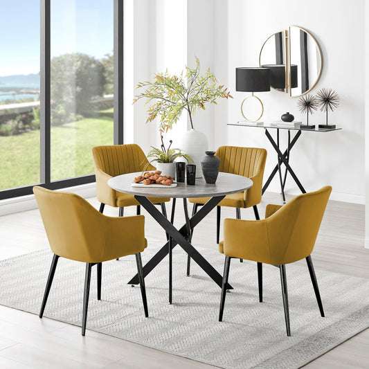 Novara Grey Concrete Effect Black Leg Round Dining Table & 4 Calla Black Leg Chairs