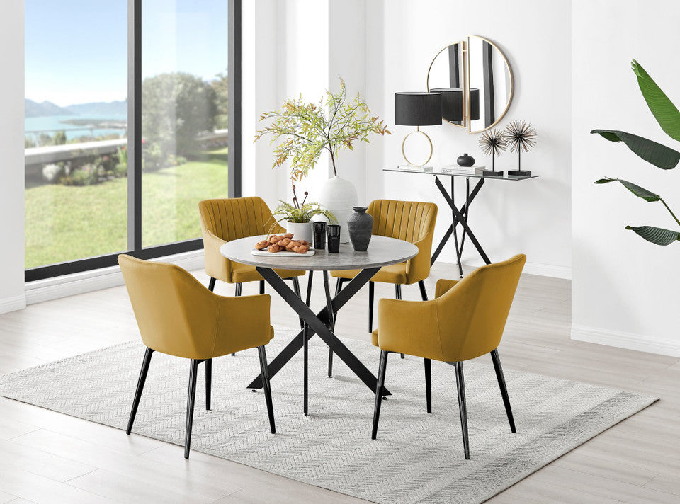 Novara Grey Concrete Effect Black Leg Round Dining Table & 4 Calla Black Leg Chairs