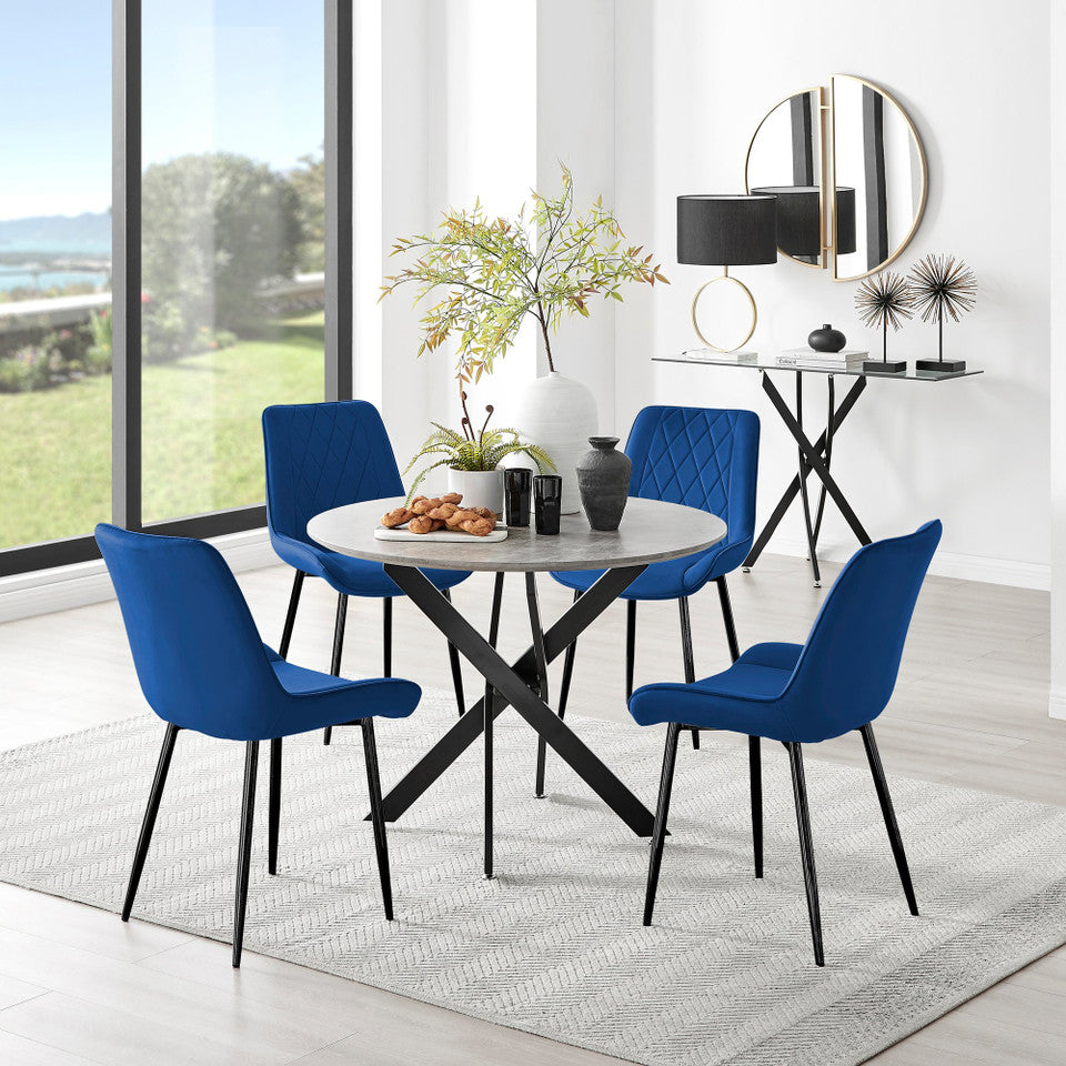 Novara Grey Concrete Effect Black Leg Round Dining Table & 4 Pesaro Black Leg Chairs