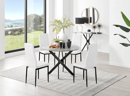 Novara Grey Concrete Effect Black Leg Round Dining Table & 4 Milan Black Leg Chairs