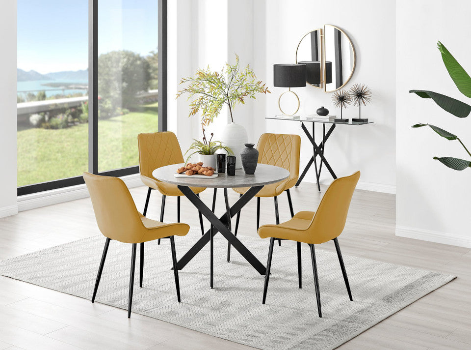 Novara Grey Concrete Effect Black Leg Round Dining Table & 4 Pesaro Black Leg Chairs