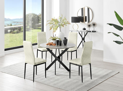 Novara Grey Concrete Effect Black Leg Round Dining Table & 4 Velvet Milan Black Leg Chairs