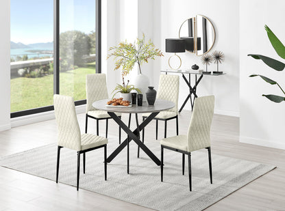 Novara Grey Concrete Effect Black Leg Round Dining Table & 4 Velvet Milan Black Leg Chairs
