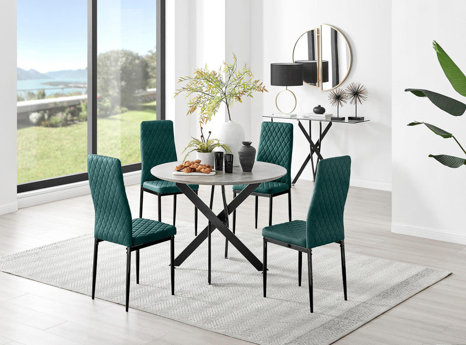 Novara Grey Concrete Effect Black Leg Round Dining Table & 4 Velvet Milan Black Leg Chairs