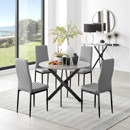 Novara Grey Concrete Effect Black Leg Round Dining Table & 4 Velvet Milan Black Leg Chairs