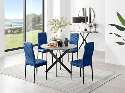 Novara Grey Concrete Effect Black Leg Round Dining Table & 4 Velvet Milan Black Leg Chairs