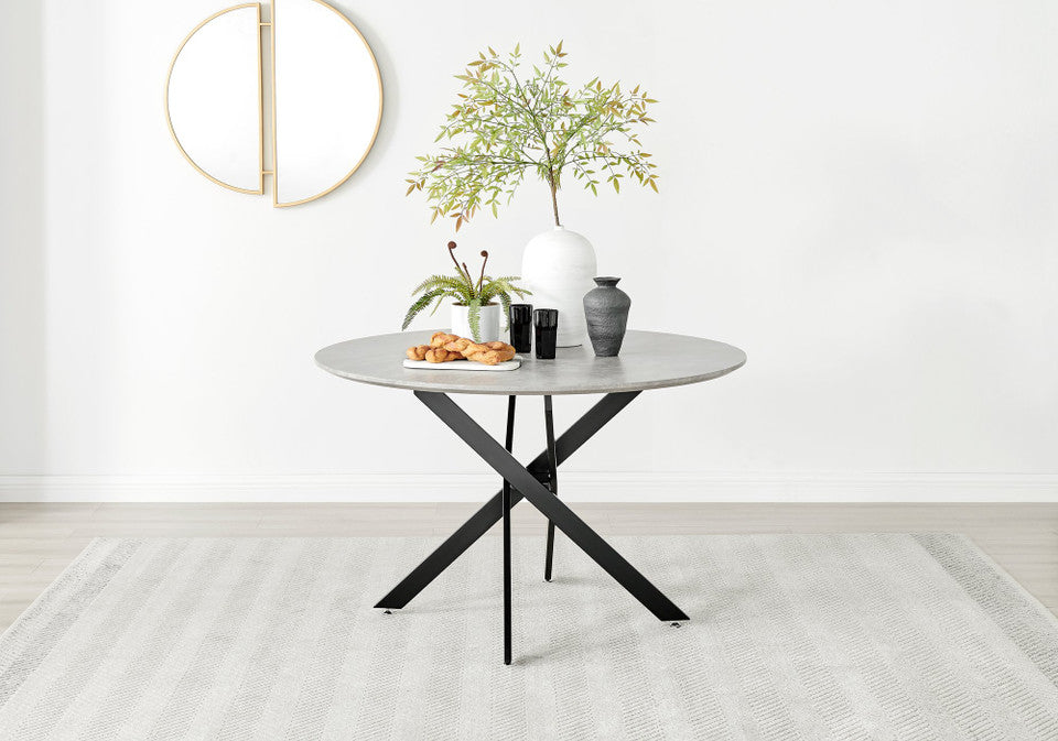 Novara Grey Concrete Effect Black Leg 120cm Round Dining Table & 4 Milan Black Leg Chairs