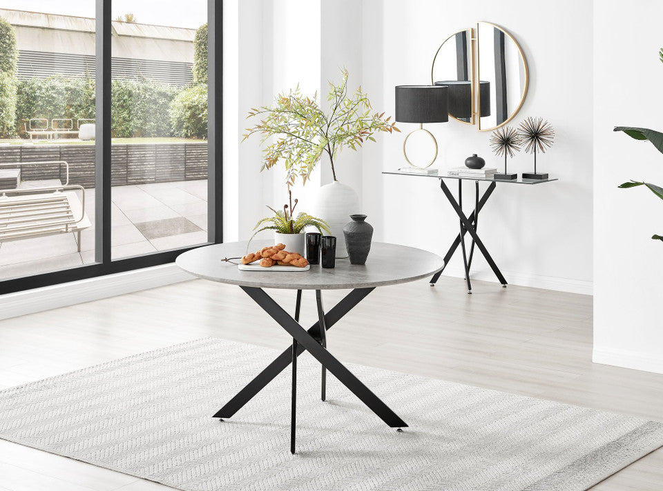 Novara Grey Concrete Effect Black Leg 120cm Round Dining Table & 4 Milan Black Leg Chairs