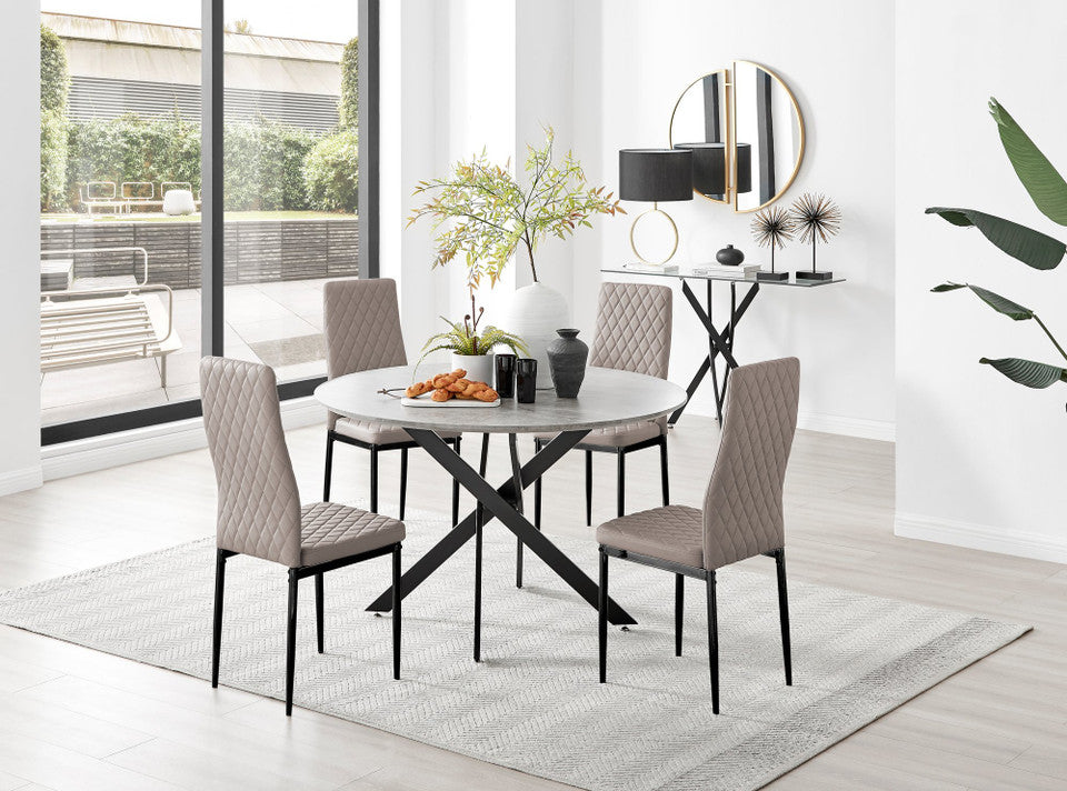 Novara Grey Concrete Effect Black Leg 120cm Round Dining Table & 4 Milan Black Leg Chairs
