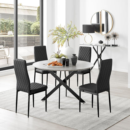 Novara Grey Concrete Effect Black Leg 120cm Round Dining Table & 4 Milan Black Leg Chairs