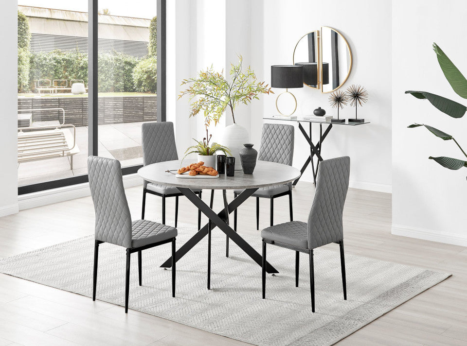Novara Grey Concrete Effect Black Leg 120cm Round Dining Table & 4 Milan Black Leg Chairs