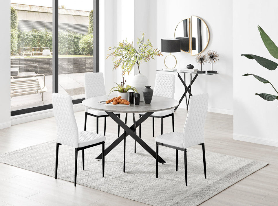 Novara Grey Concrete Effect Black Leg 120cm Round Dining Table & 4 Milan Black Leg Chairs