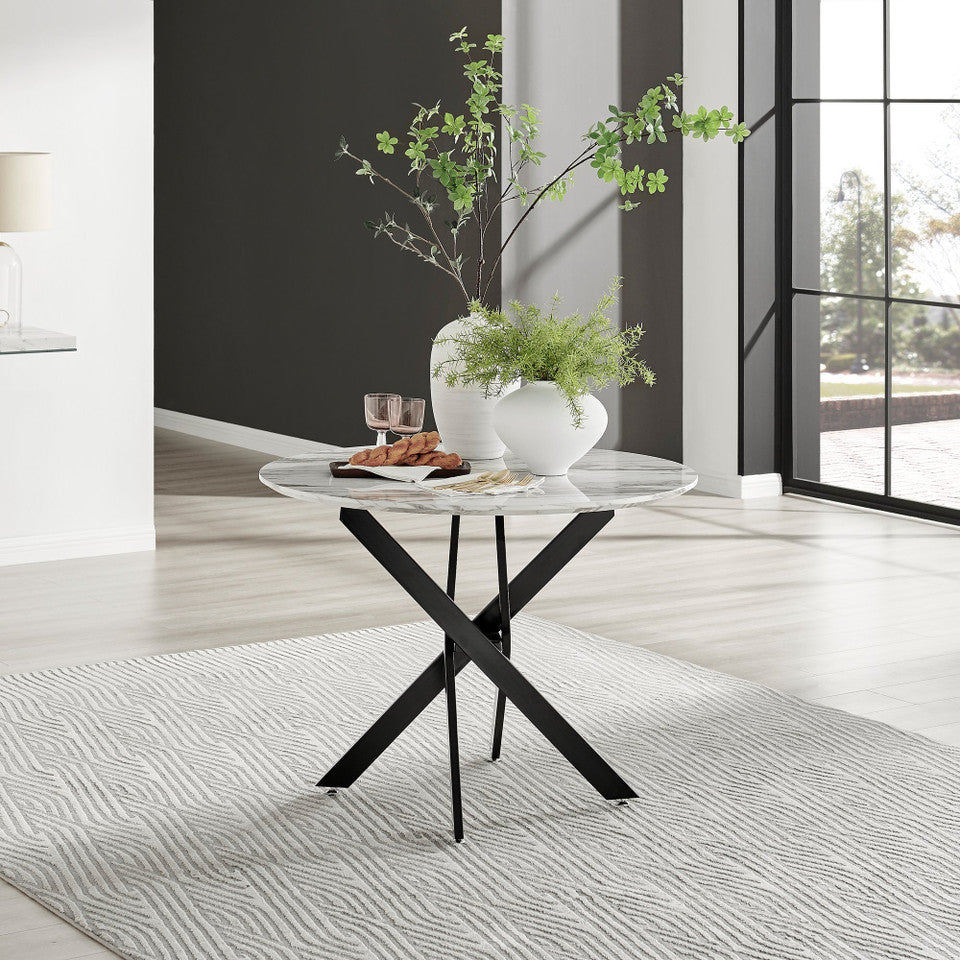Novara Round White Marble Effect and Gold Metal 4 Seater Dining Table