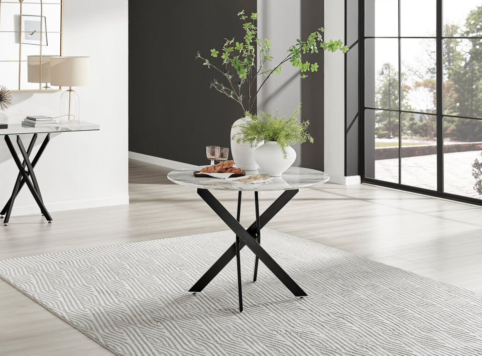 Novara White Marble Black Leg Round Dining Table & 4 Pesaro Black Leg Chairs
