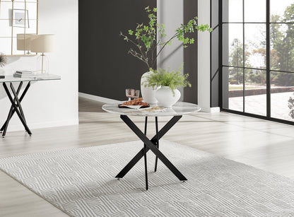 Novara White Marble Black Leg Round Dining Table & 4 Velvet Milan Black Leg Chairs