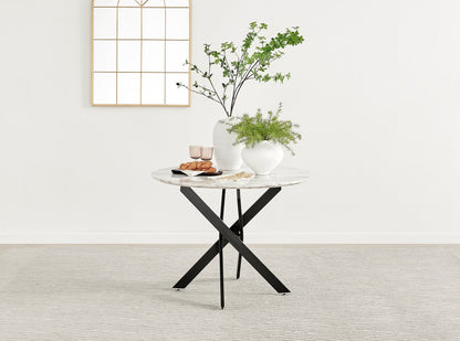 Novara White Marble Black Leg Round Dining Table & 4 Pesaro Black Leg Chairs