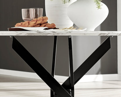 Novara White Marble Black Leg Round Dining Table & 4 Milan Black Leg Chairs