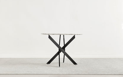 Novara White Marble Black Leg Round Dining Table & 4 Velvet Milan Black Leg Chairs