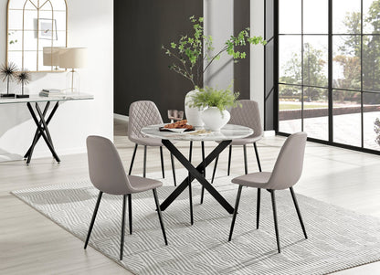 Novara White Marble Black Leg Round Dining Table & 4 Corona Black Leg Chairs