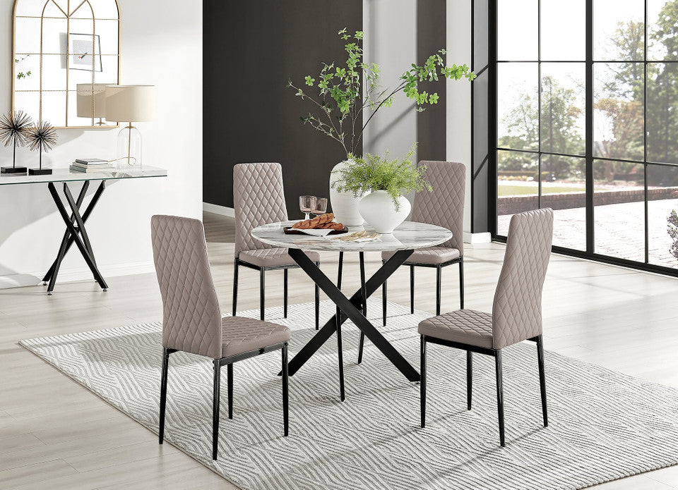 Novara White Marble Black Leg Round Dining Table & 4 Milan Black Leg Chairs