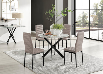 Novara White Marble Black Leg Round Dining Table & 4 Milan Black Leg Chairs