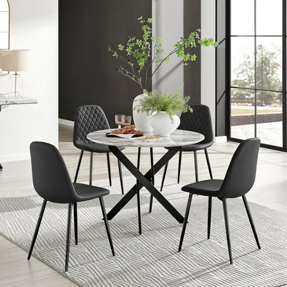 Novara White Marble Black Leg Round Dining Table & 4 Corona Black Leg Chairs