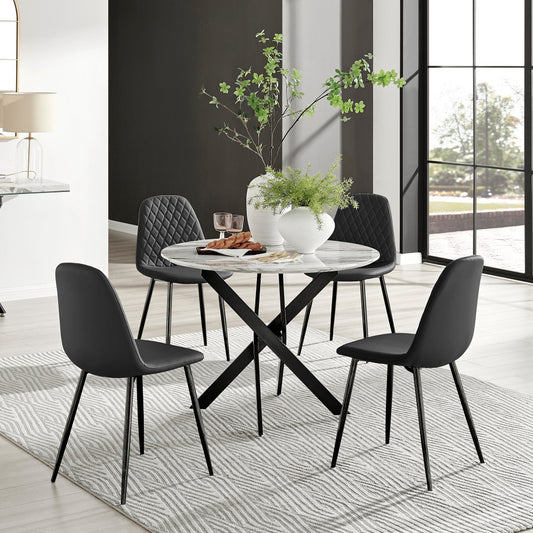 Novara White Marble Black Leg Round Dining Table & 4 Corona Black Leg Chairs