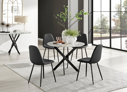 Novara White Marble Black Leg Round Dining Table & 4 Corona Black Leg Chairs