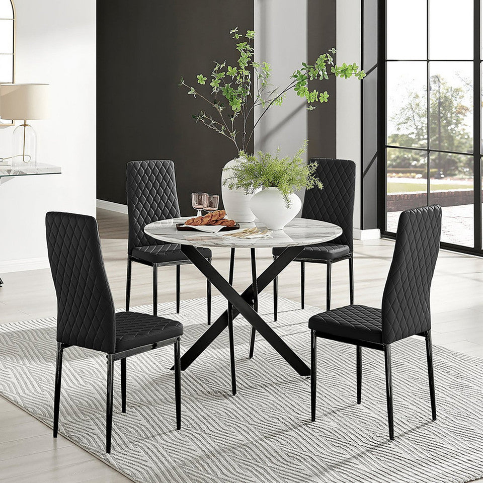 Novara White Marble Black Leg Round Dining Table & 4 Milan Black Leg Chairs
