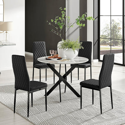 Novara White Marble Black Leg Round Dining Table & 4 Milan Black Leg Chairs
