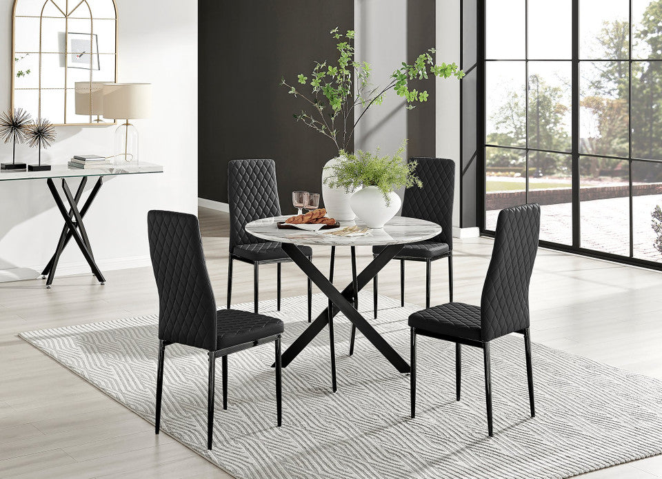 Novara White Marble Black Leg Round Dining Table & 4 Milan Black Leg Chairs