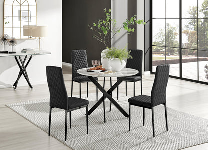 Novara White Marble Black Leg Round Dining Table & 4 Milan Black Leg Chairs