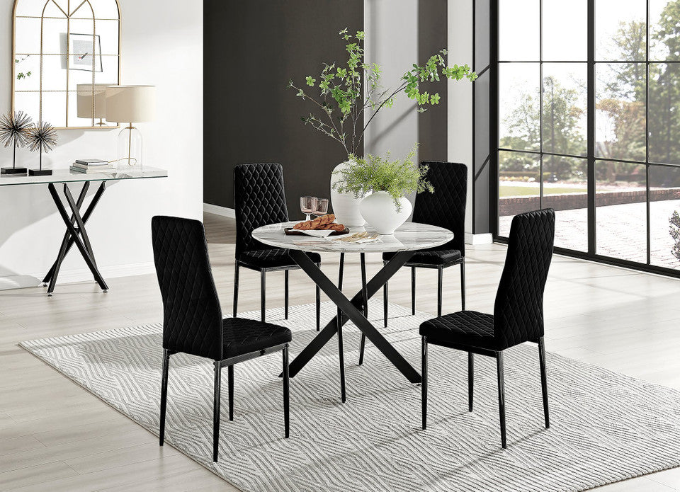 Novara White Marble Black Leg Round Dining Table & 4 Velvet Milan Black Leg Chairs