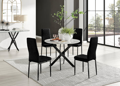 Novara White Marble Black Leg Round Dining Table & 4 Velvet Milan Black Leg Chairs