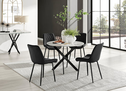 Novara White Marble Black Leg Round Dining Table & 4 Pesaro Black Leg Chairs