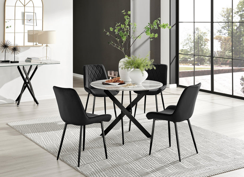 Novara White Marble Black Leg Round Dining Table & 4 Pesaro Black Leg Chairs