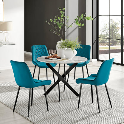 Novara White Marble Black Leg Round Dining Table & 4 Pesaro Black Leg Chairs