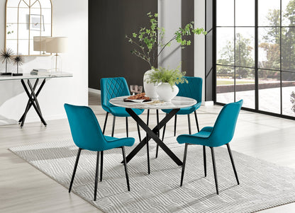 Novara White Marble Black Leg Round Dining Table & 4 Pesaro Black Leg Chairs