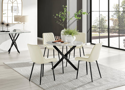 Novara White Marble Black Leg Round Dining Table & 4 Pesaro Black Leg Chairs