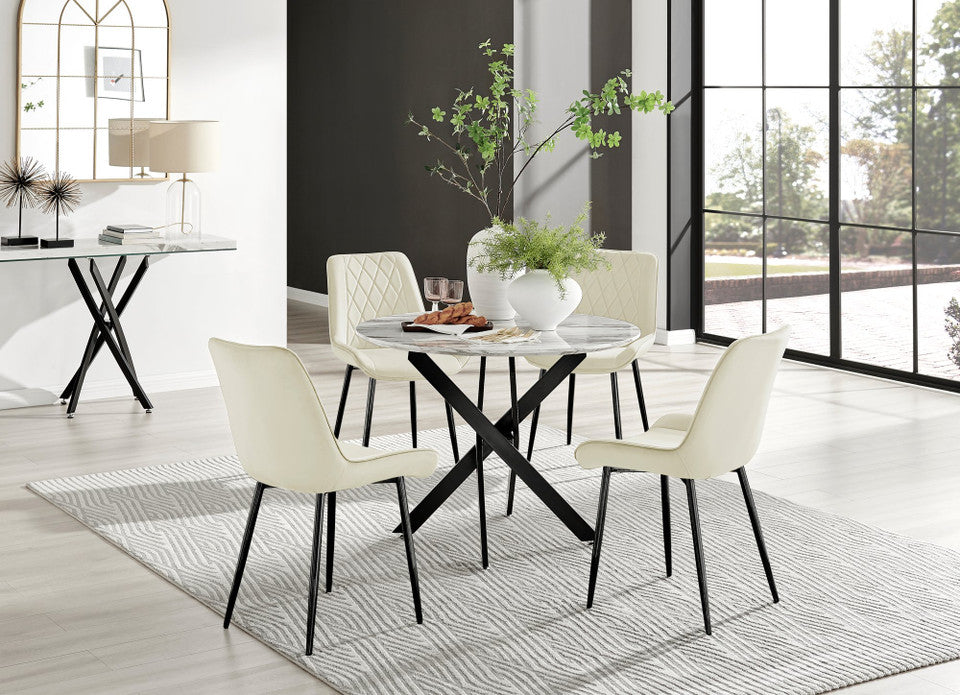 Novara White Marble Black Leg Round Dining Table & 4 Pesaro Black Leg Chairs
