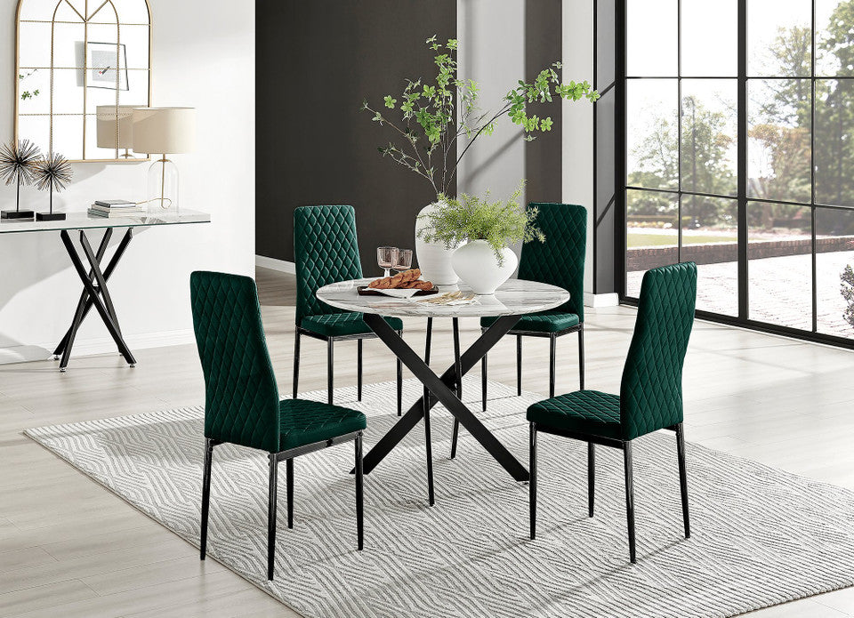 Novara White Marble Black Leg Round Dining Table & 4 Velvet Milan Black Leg Chairs