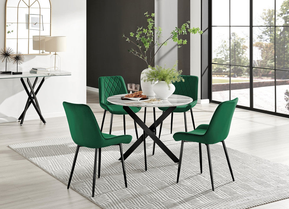 Novara White Marble Black Leg Round Dining Table & 4 Pesaro Black Leg Chairs