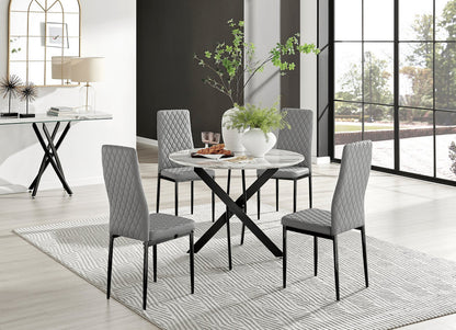 Novara White Marble Black Leg Round Dining Table & 4 Milan Black Leg Chairs