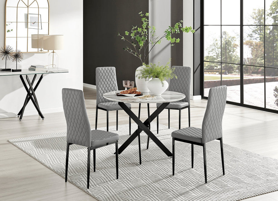 Novara White Marble Black Leg Round Dining Table & 4 Milan Black Leg Chairs