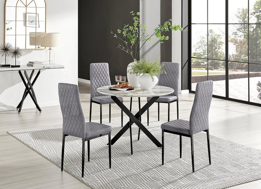 Novara White Marble Black Leg Round Dining Table & 4 Velvet Milan Black Leg Chairs