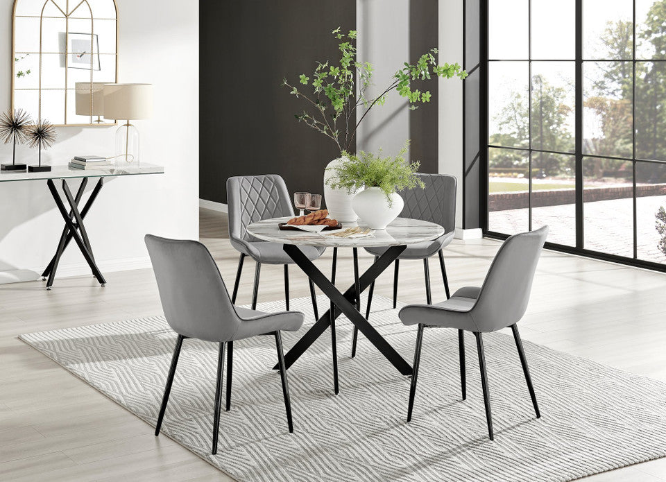 Novara White Marble Black Leg Round Dining Table & 4 Pesaro Black Leg Chairs