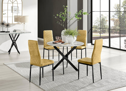 Novara White Marble Black Leg Round Dining Table & 4 Velvet Milan Black Leg Chairs