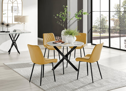Novara White Marble Black Leg Round Dining Table & 4 Pesaro Black Leg Chairs