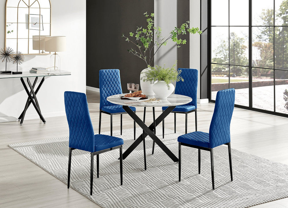 Novara White Marble Black Leg Round Dining Table & 4 Velvet Milan Black Leg Chairs